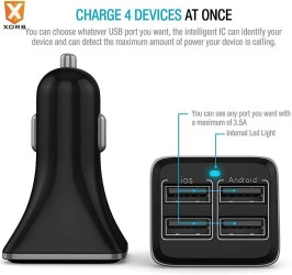 شاحن السيارة XORB® PowerBolt | 4 منافذ USB | شاحن السيارة الذكي 3.4A (أسود جيت)