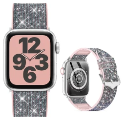 حزام Bling Correa من السيليكون والجلد لساعة Apple Watch iWatch Series 3، 5، 4، 6، SE، 7 حجم 42 / 44 / 45 / 49 ملم