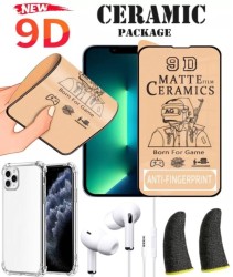 4إن1 سيراميك بكج  (حماية شاشة 9D مت +  كفر شفاف  + سماعة اذن + اصابع ضد التعرق )