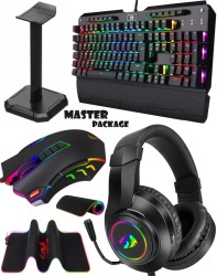 ماستر بكج ( كيبورد الميكانيكي اندرا مقاوم الماء + سماعة محيطية هايلاس RGB + ماوس تيتانوبوا 2  + ماوس باد نبتون + ستاند سماعة راس عادي )